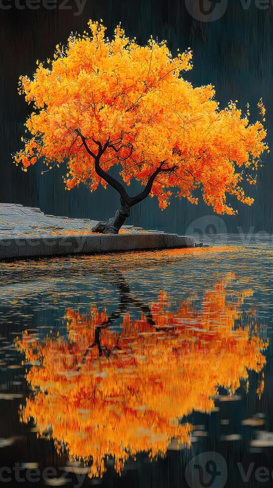 Vibrant orange tree reflects in calm waters during autumn afternoon in peaceful landscape photo