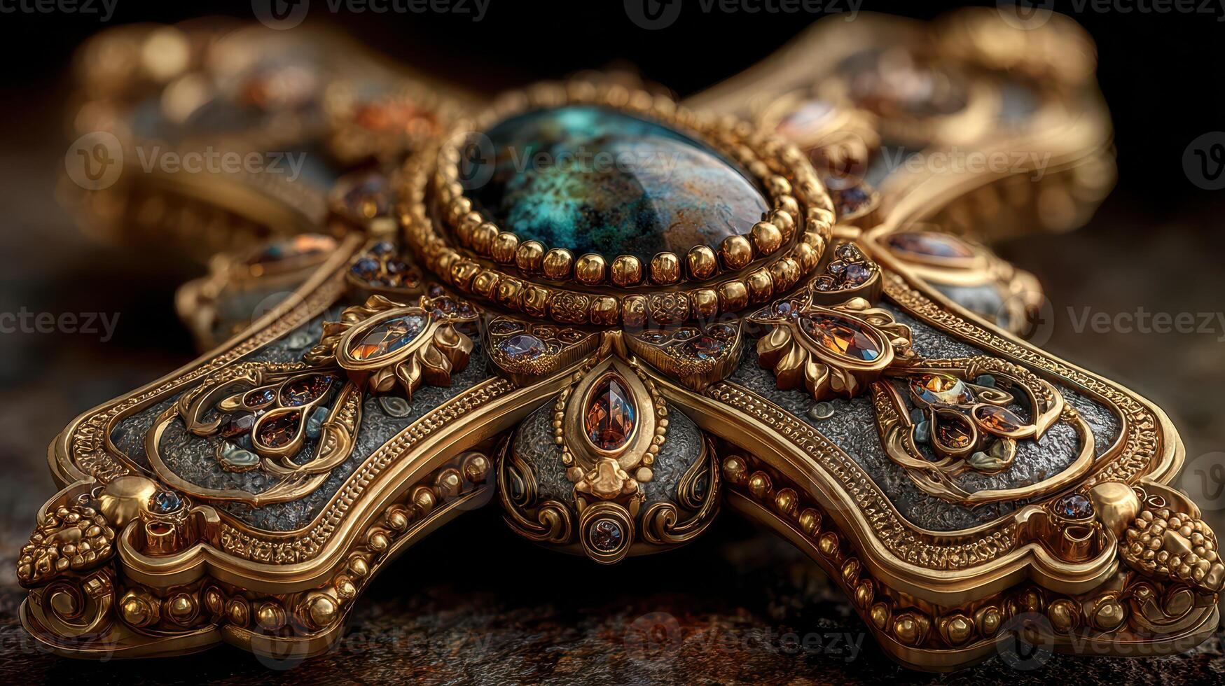 Exquisite ornate cross featuring intricate gold detailing and a stunning turquoise centerpiece on a textured background photo
