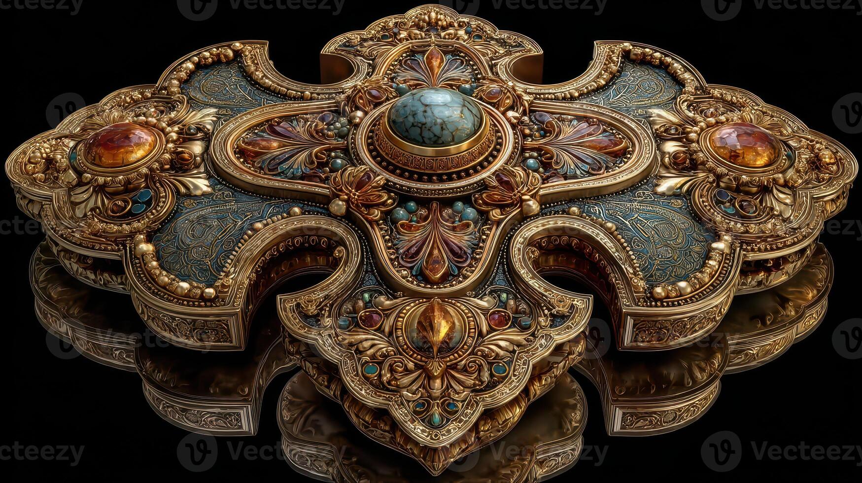 Intricately designed decorative object featuring vibrant gemstones and elegant patterns photo