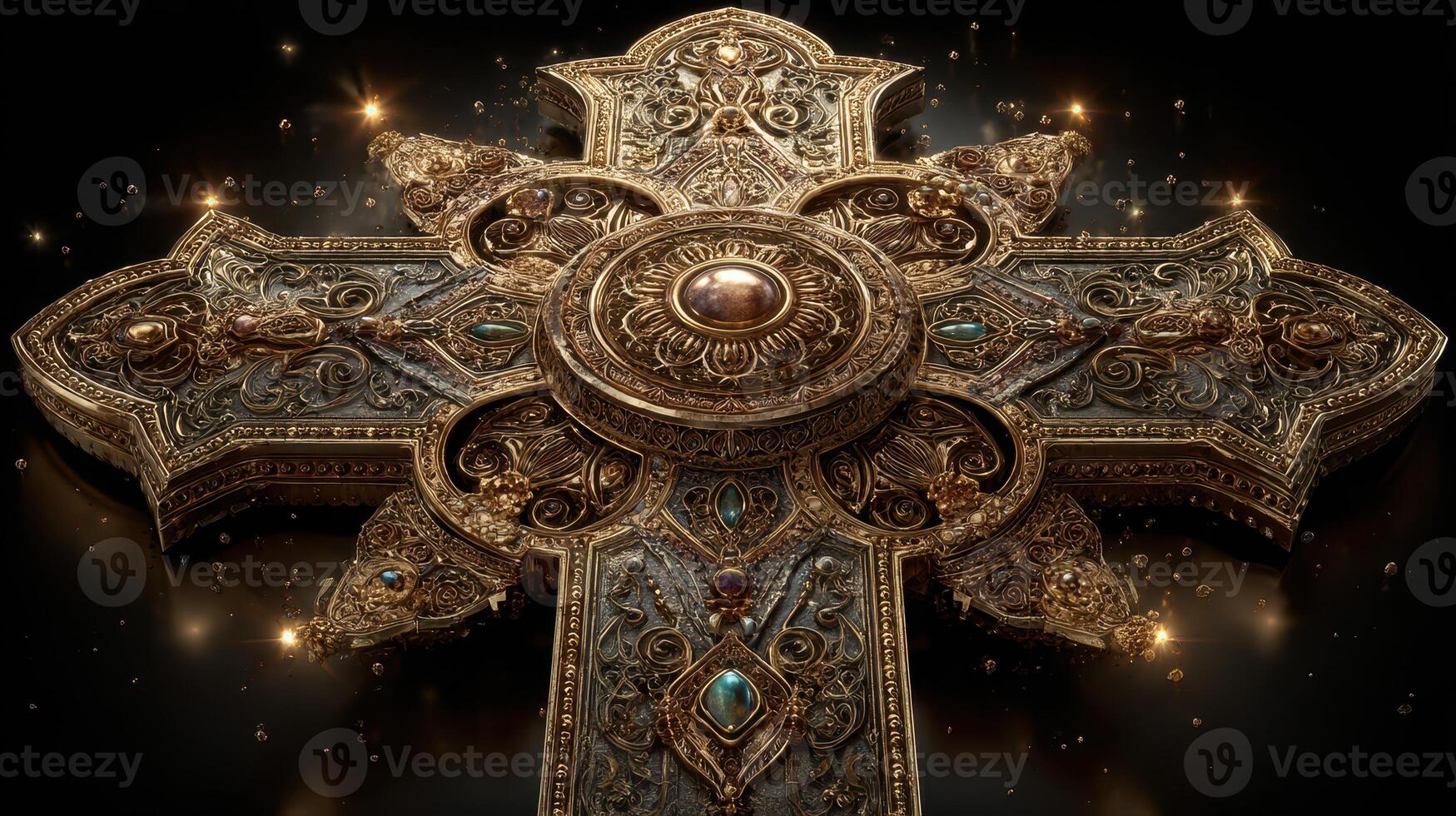 Intricate decorative cross featuring ornate details and gemstones illuminated in a dark setting photo