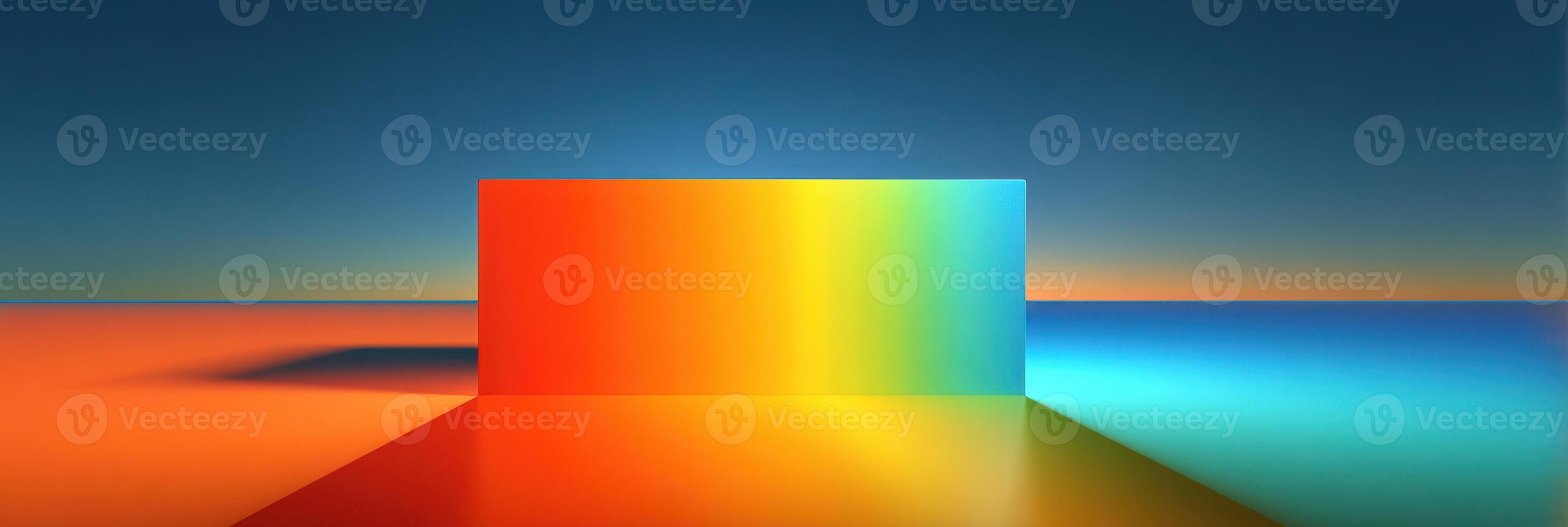 Colorful gradient display against a tranquil ocean horizon at sunset with vibrant reflections on smooth surface photo