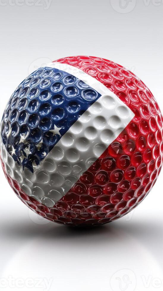 Unique golf ball design featuring American flag colors and patterns with glossy finish and intricate dimples photo