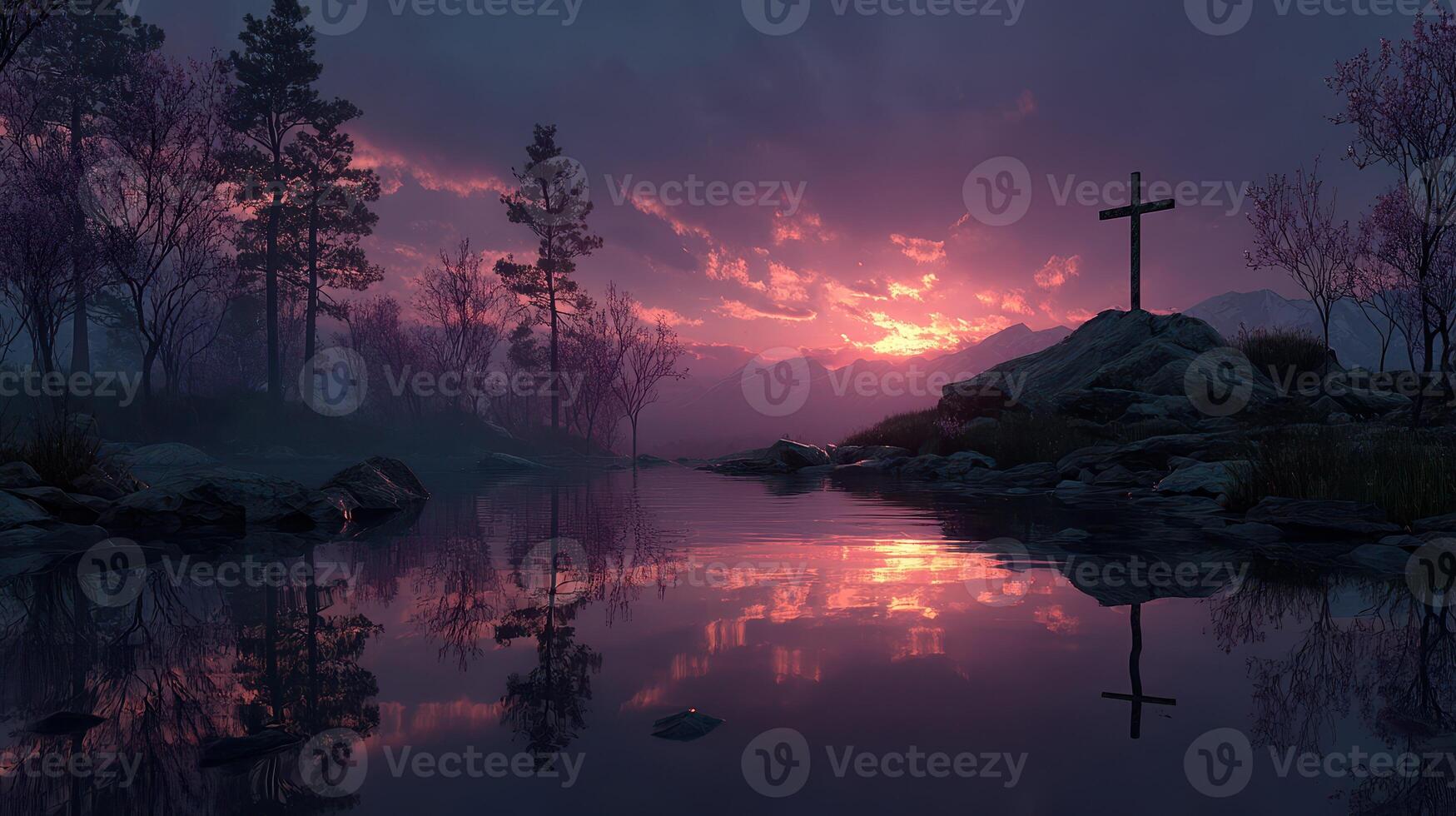 Serene sunset by a lake with a cross and silhouetted trees reflecting in calm waters photo