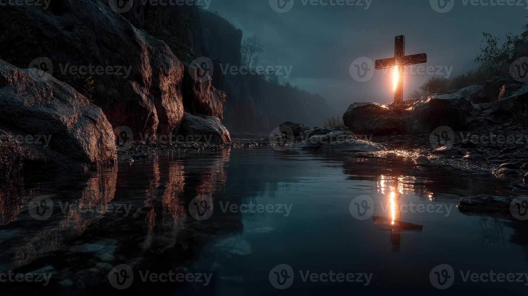 Illuminated cross by the river at twilight creates a serene and contemplative atmosphere photo