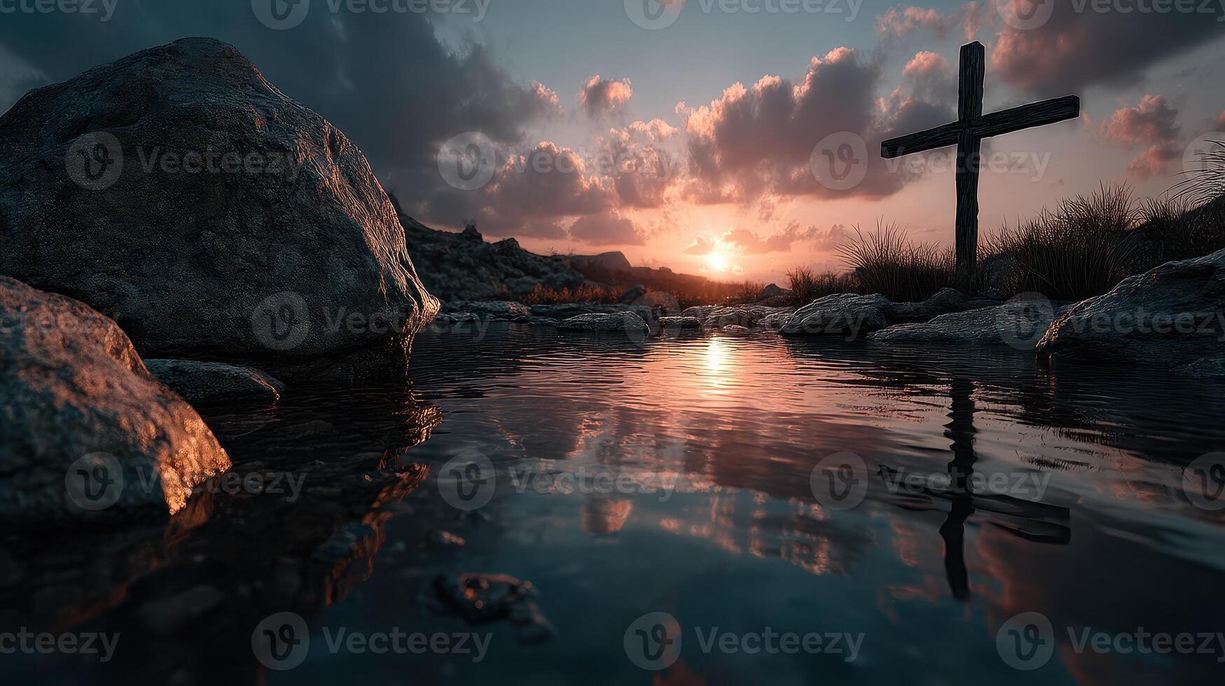 Sunset reflections at a serene lake with a wooden cross in a peaceful landscape photo