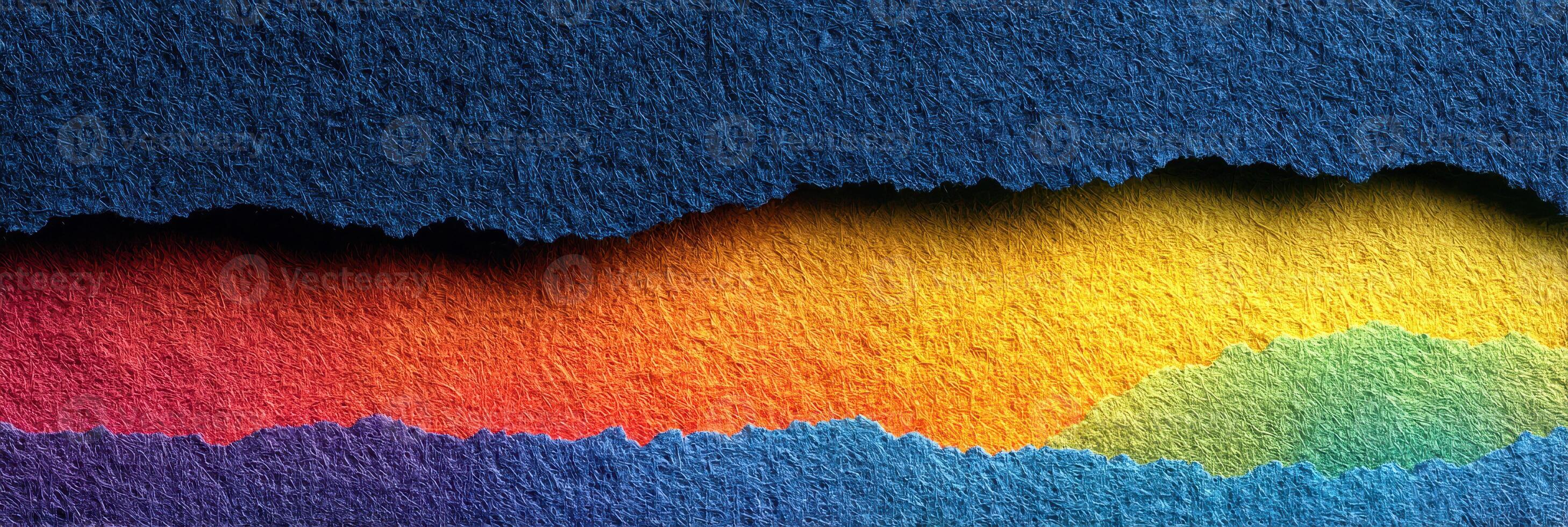 Colorful torn paper creating a vibrant abstract landscape at sunset in a creative workspace photo