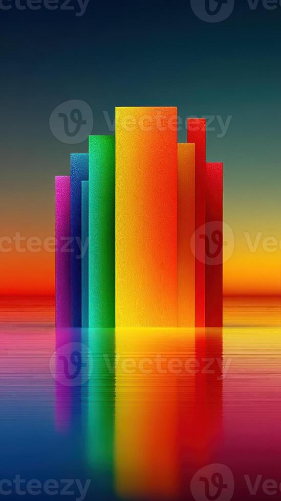 Colorful abstract structures reflect in tranquil waters during sunrise at an artistic coastal setting photo