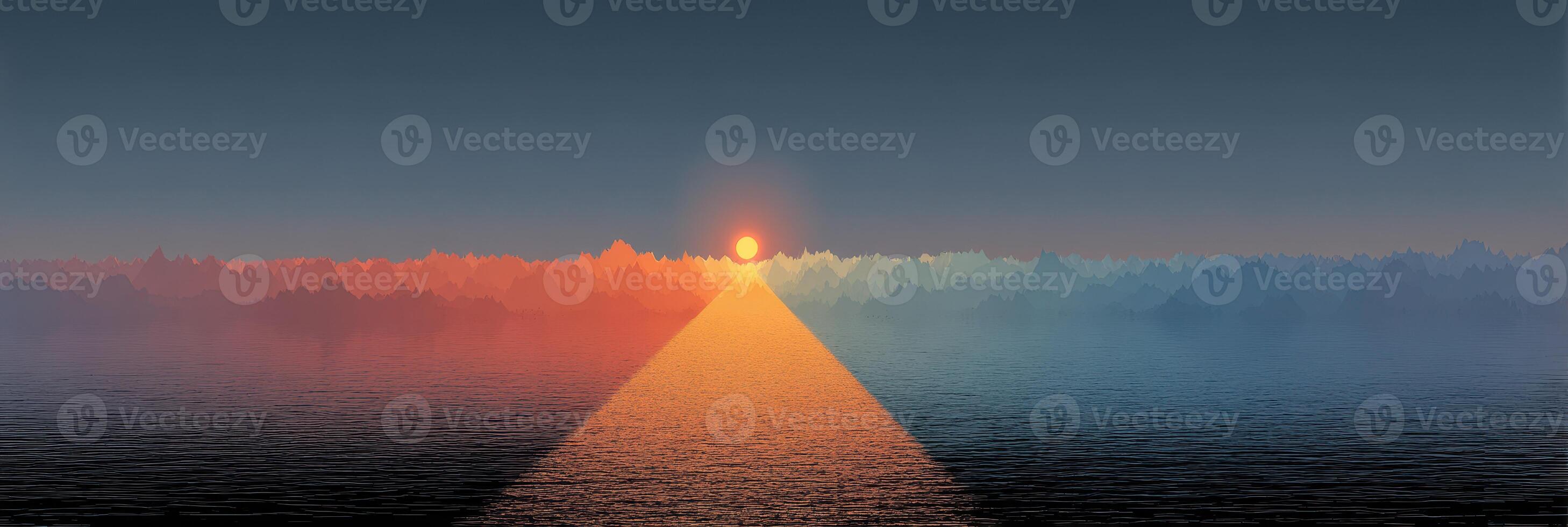 Sunset over calm waters creates a dramatic reflection among the clouds in a serene coastal landscape photo