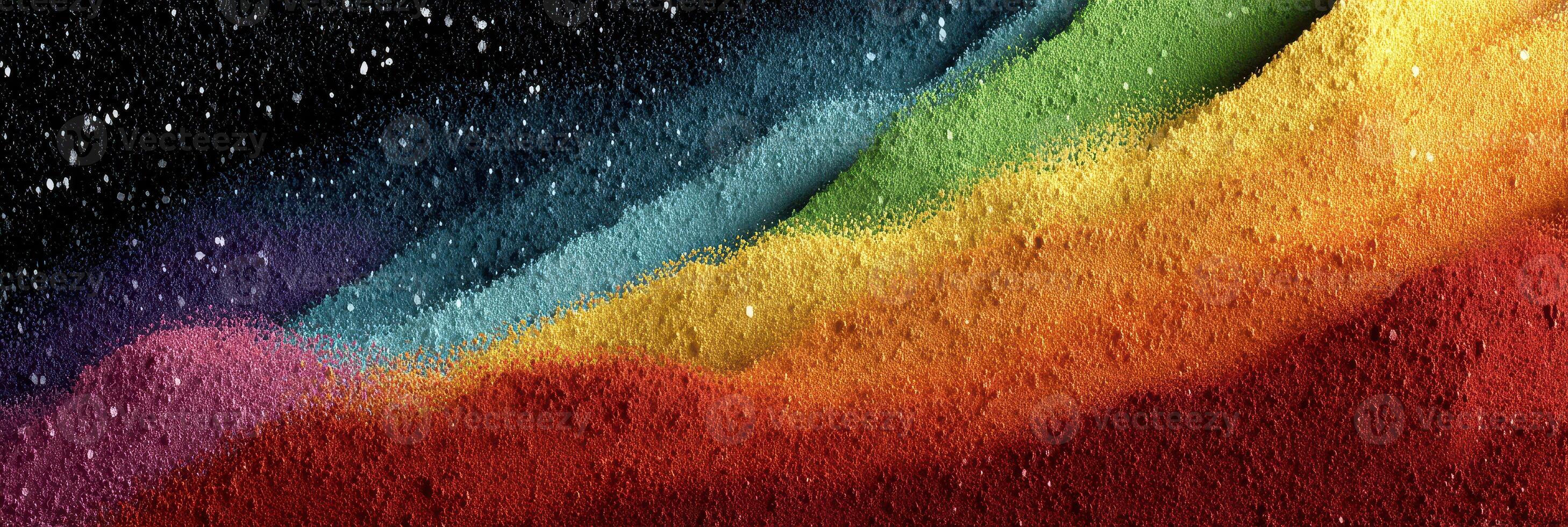 Vibrant colored powders create a beautiful landscape resembling a rainbow wave against a dark backdrop photo