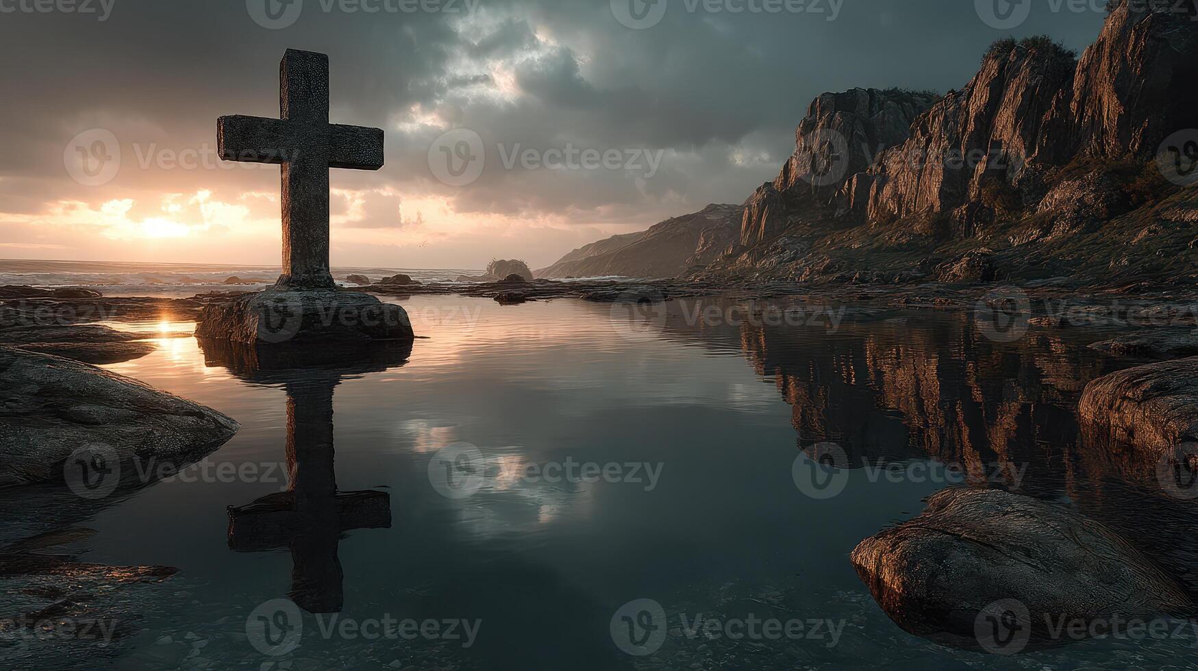 Cross silhouette at rocky shoreline during sunset near calm water reflects dark clouds and rugged cliffs photo