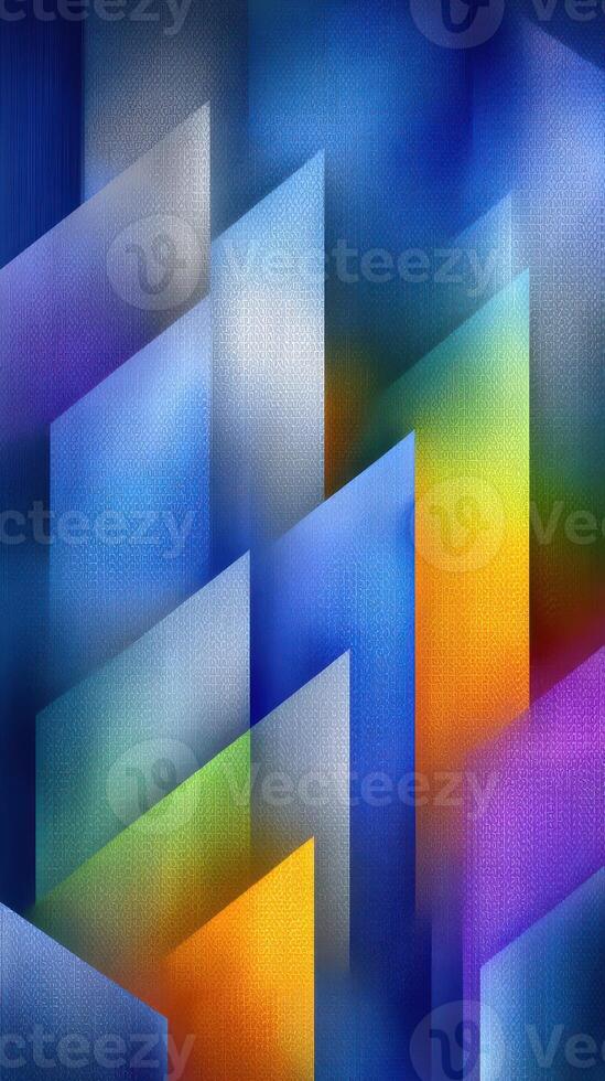 Vibrant geometric patterns with shades of blue, orange, and green create a dynamic abstract artwork in a contemporary style photo