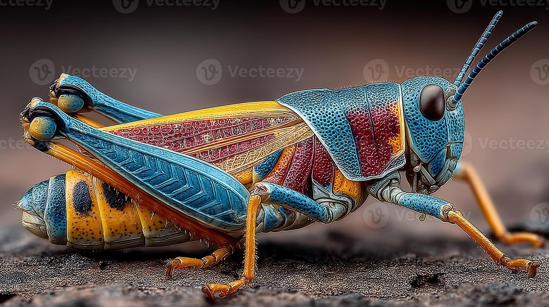 Colorful grasshopper on a rocky surface during daylight in a natural habitat environment photo