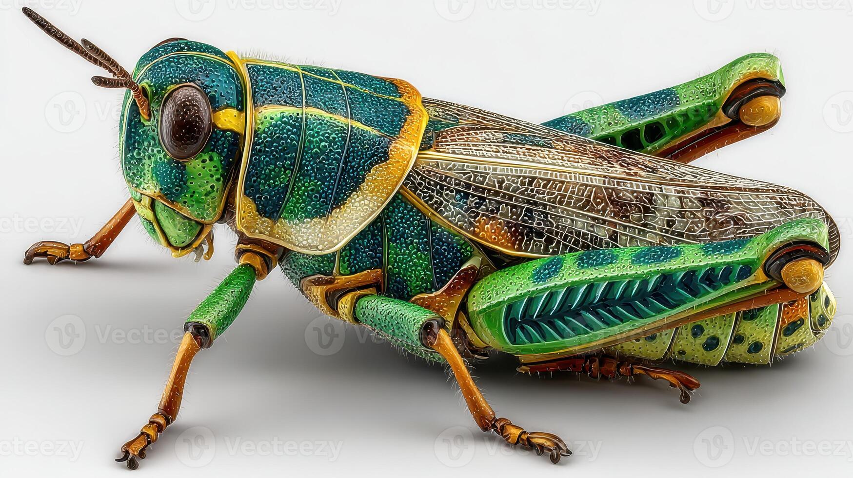 Colorful grasshopper resting on a surface showcasing intricate patterns and details in bright green and blue hues photo