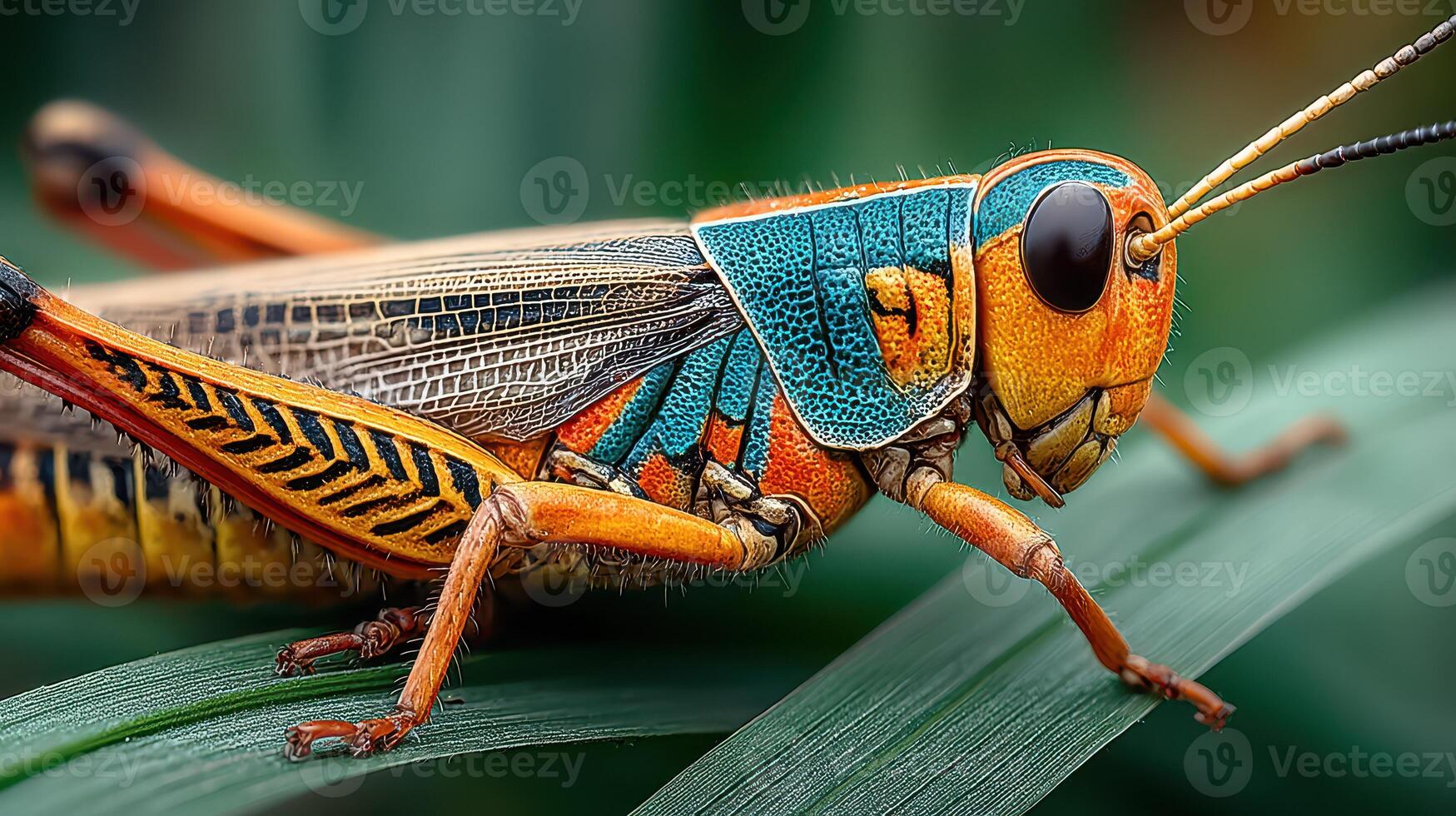 Colorful grasshopper perched on a green leaf in a vibrant natural setting during daylight hours photo