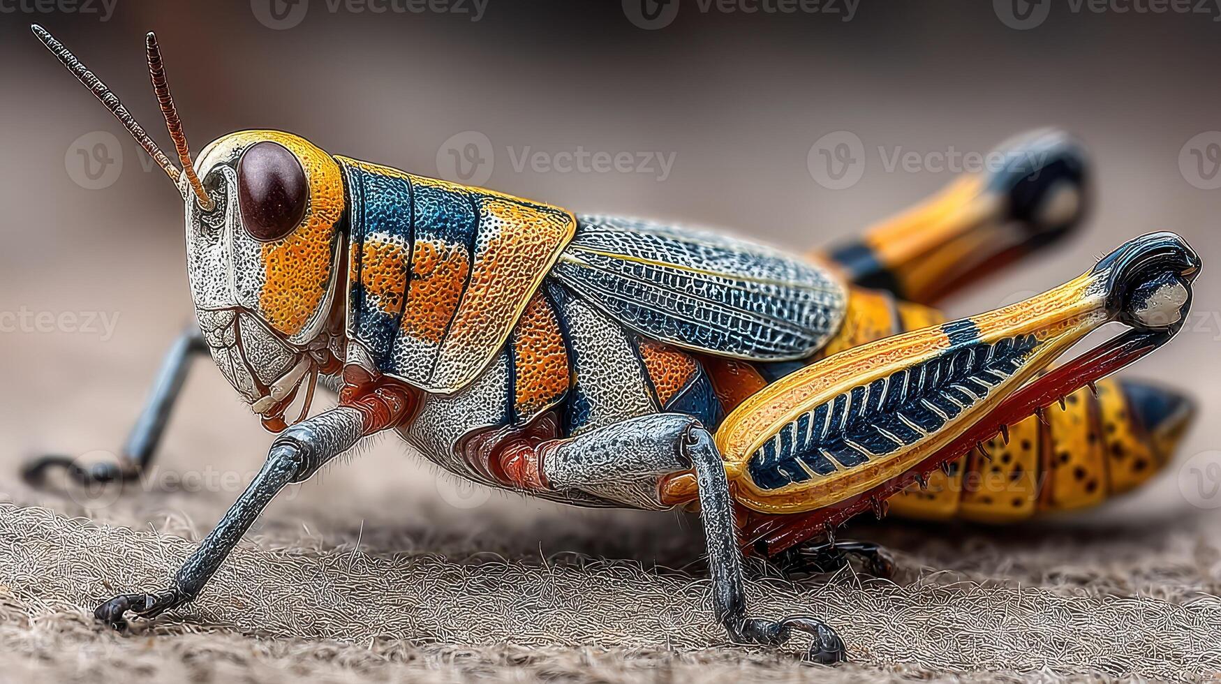 Close-up view of a colorful grasshopper showing intricate details and vibrant colors in a natural setting, highlighting its unique features photo