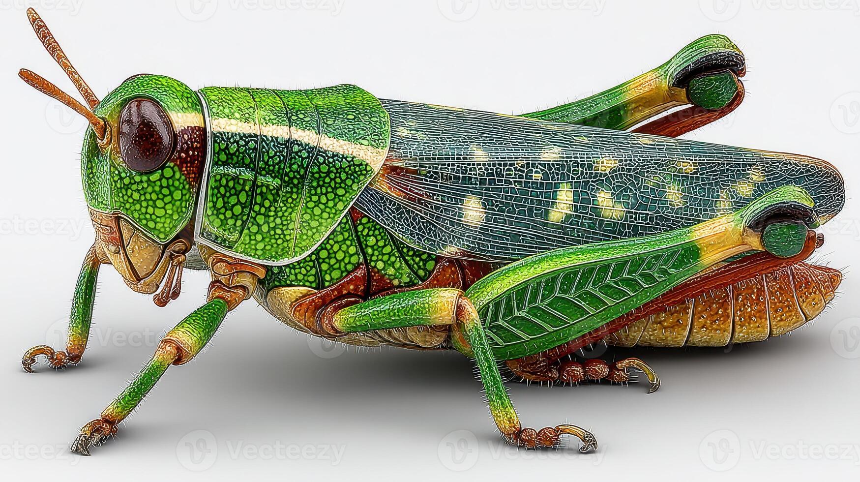 Detailed close-up of a vibrant green grasshopper showcasing intricate patterns and textures photo