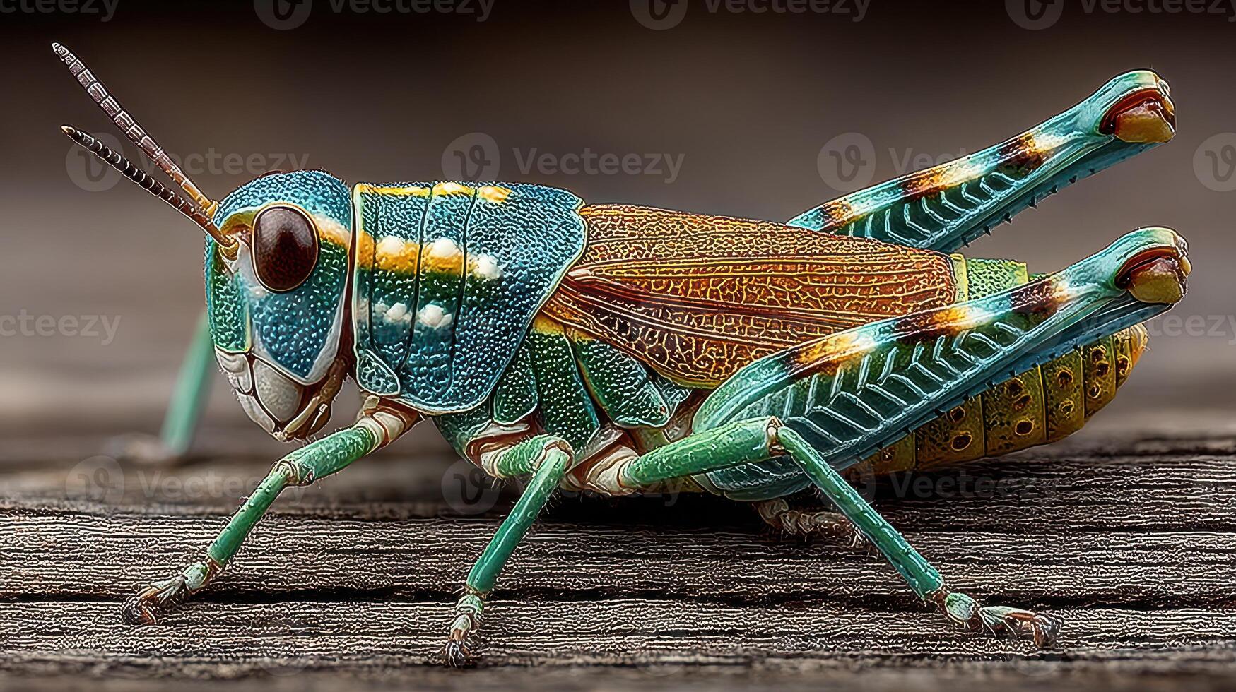 Colorful grasshopper perched on wooden surface during late afternoon light photo