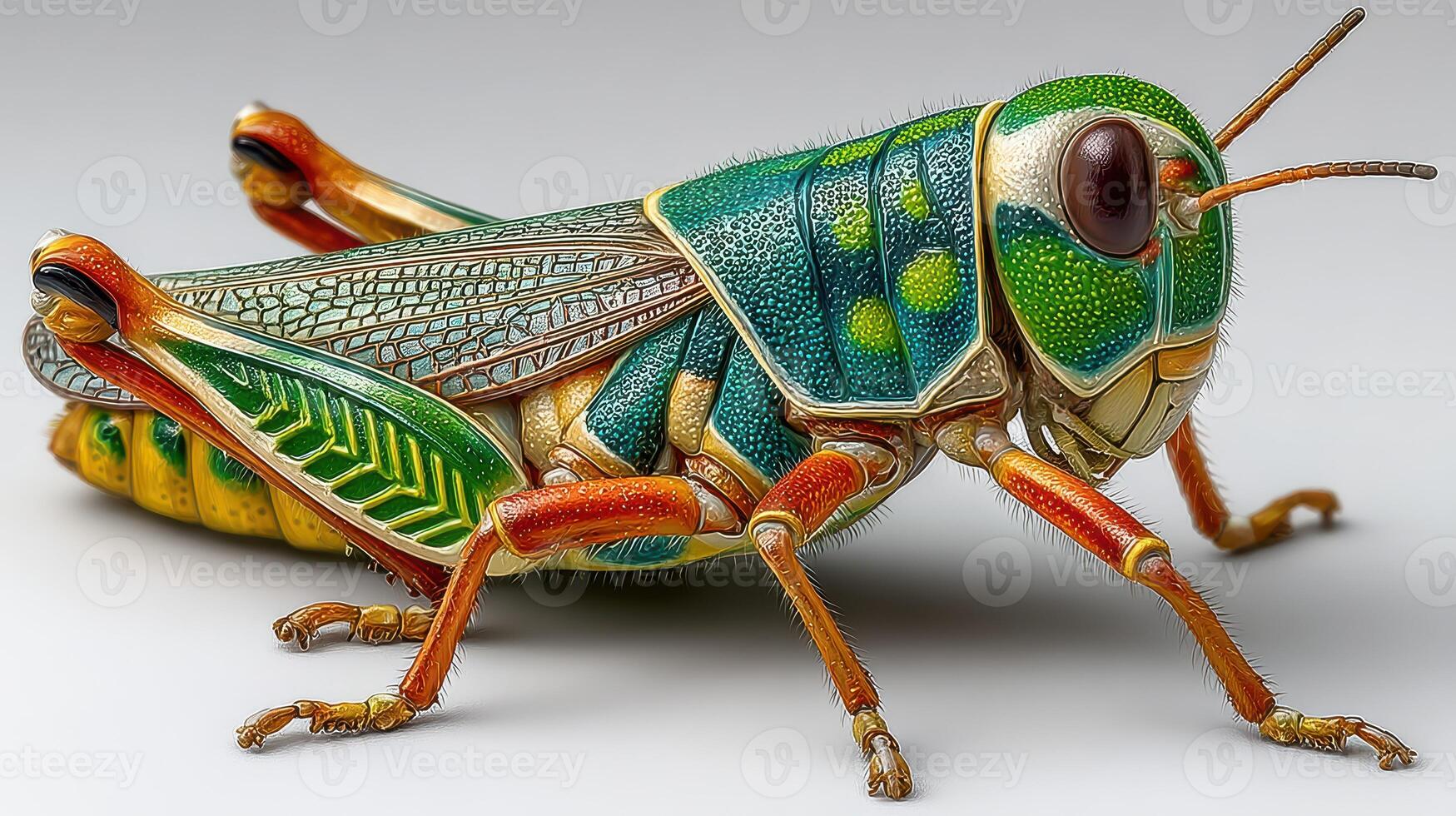 Detailed close-up of a colorful grasshopper showcasing intricate patterns and vibrant colors in nature's design photo