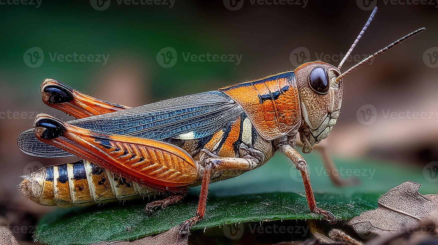 Colorful grasshopper resting on a leaf in a vibrant environment during the daytime photo