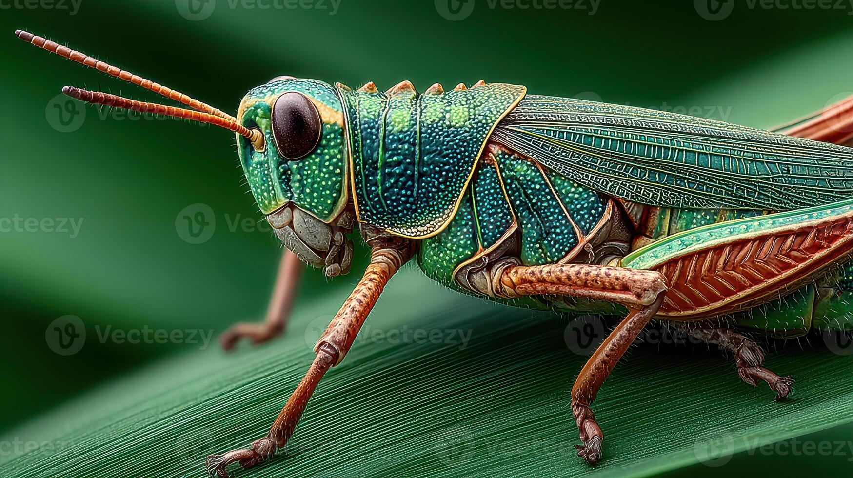Bright green grasshopper resting on a leaf in a lush garden during sunny afternoon photo