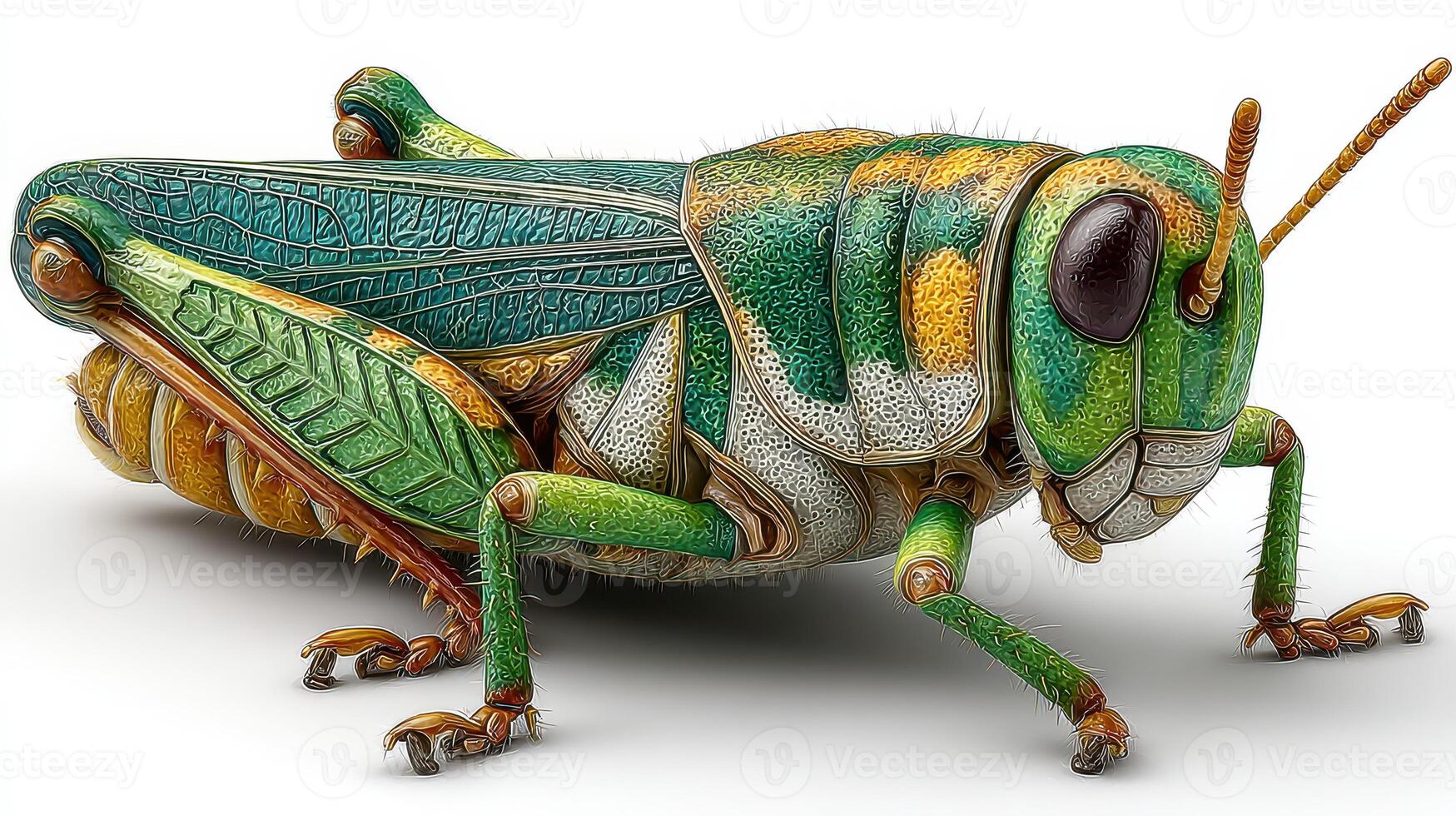 Detailed close-up of a colorful grasshopper on a white background highlighting its unique features and textures photo