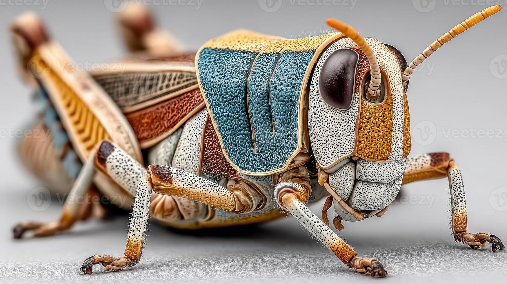 Detailed close-up of a colorful grasshopper showcasing intricate textures and patterns in nature photo