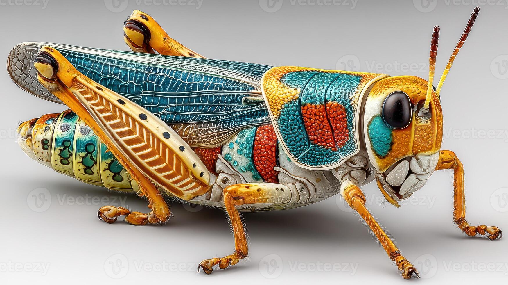 Colorful grasshopper displays intricate patterns and markings in close-up view with striking detail photo