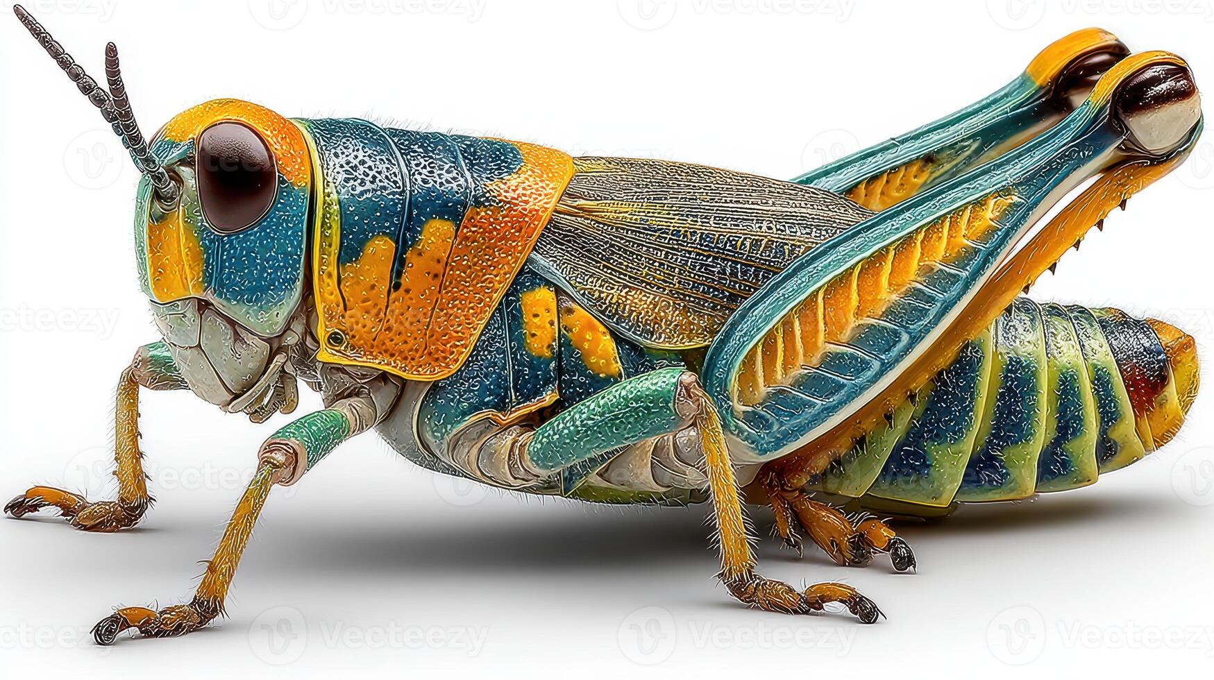 Detailed close-up of a brightly colored grasshopper resting on a surface in a natural setting under bright light photo