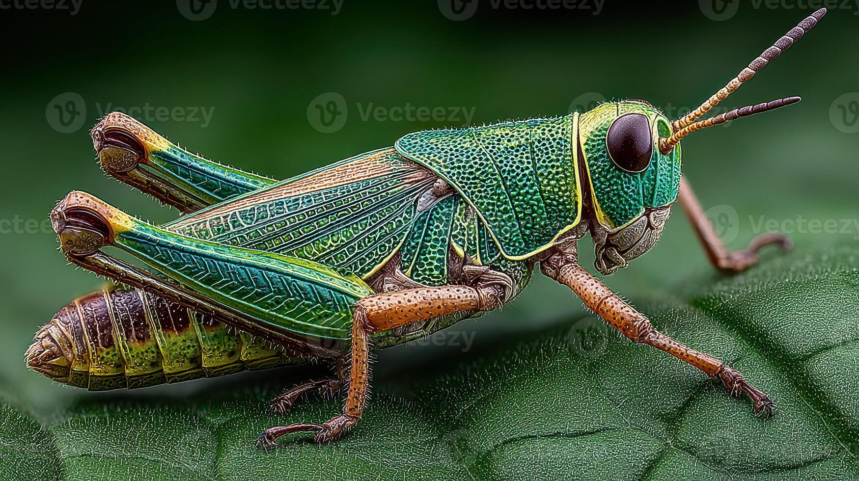 Detailed close-up of a colorful grasshopper resting on a green leaf in natural habitat photo