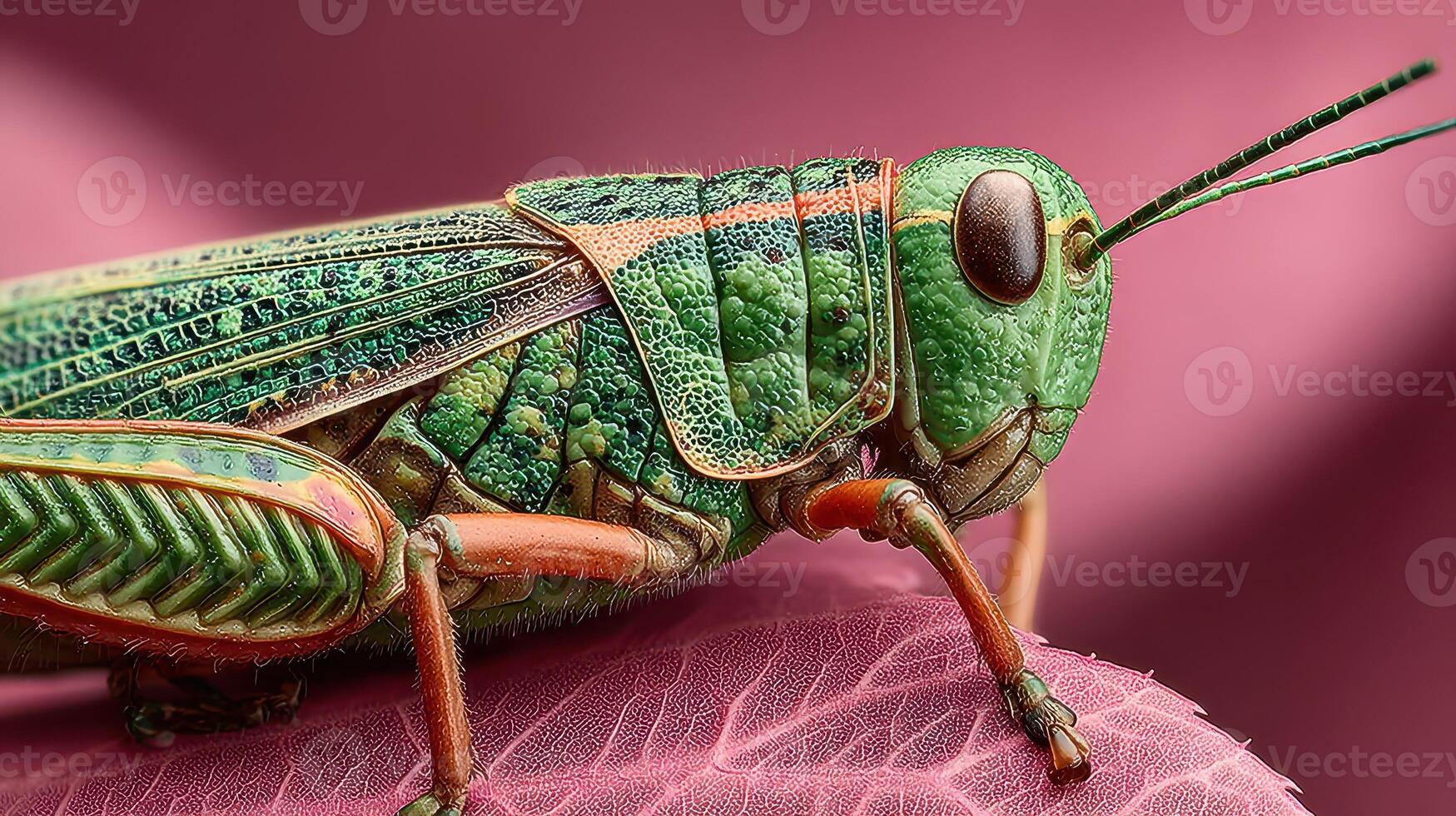 Colorful green grasshopper resting on a vibrant leaf in a natural setting during daylight hours photo