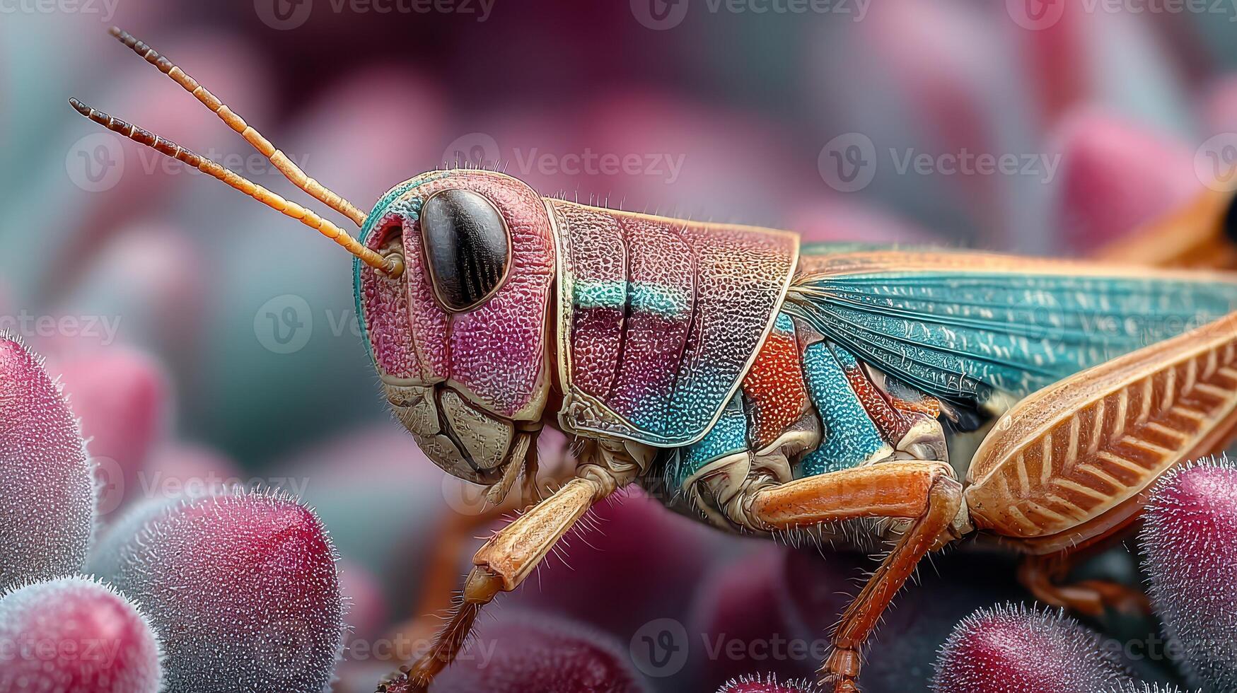Detailed close-up of a colorful grasshopper resting on vibrant succulent plants in bright daylight photo