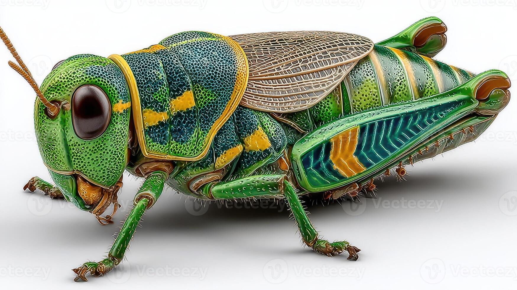 Close-up of a colorful grasshopper displaying vibrant patterns and intricate details in a studio setting during daytime hours photo