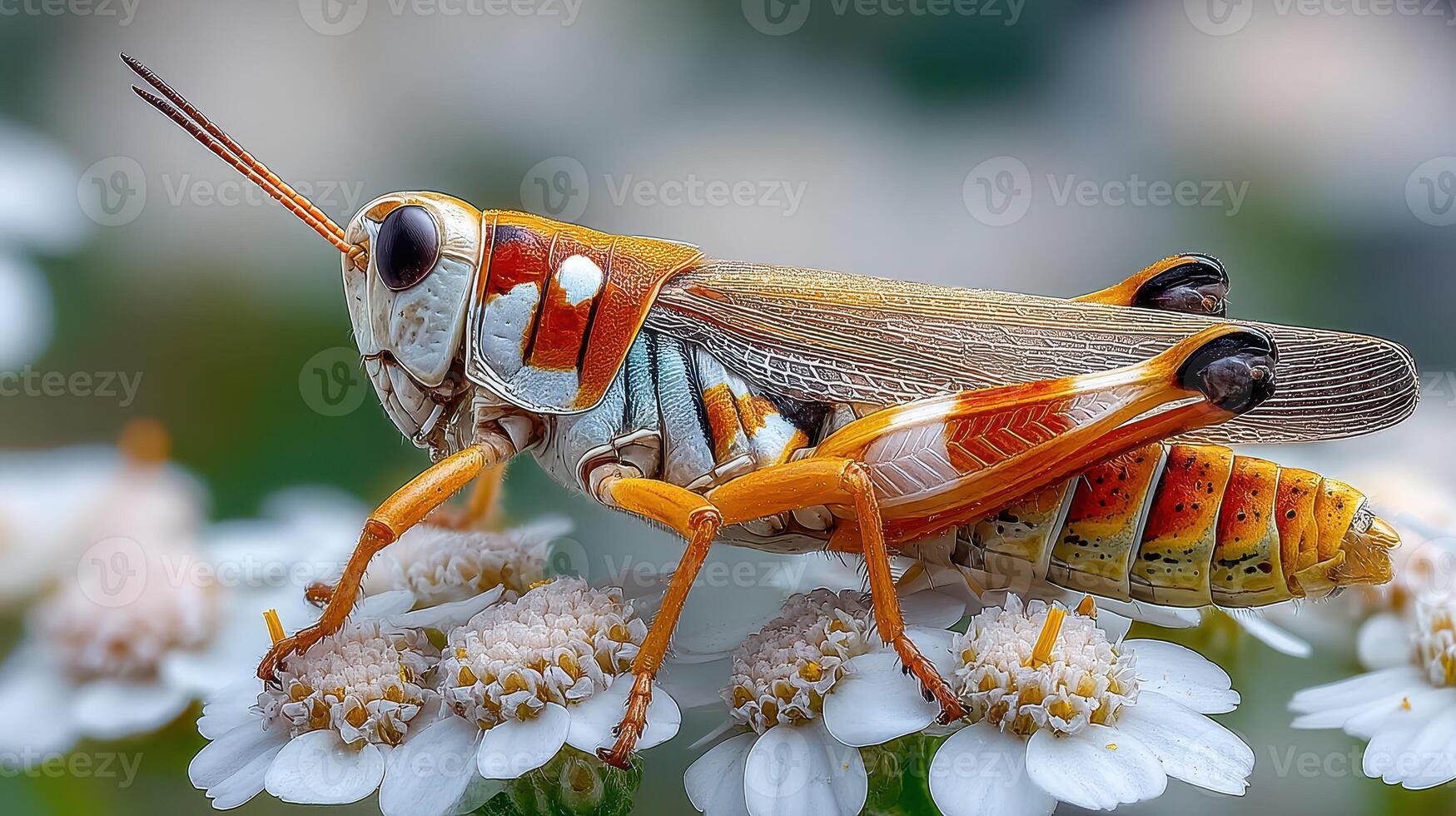 Colorful grasshopper resting on white flowers in a vibrant garden during daylight hours photo
