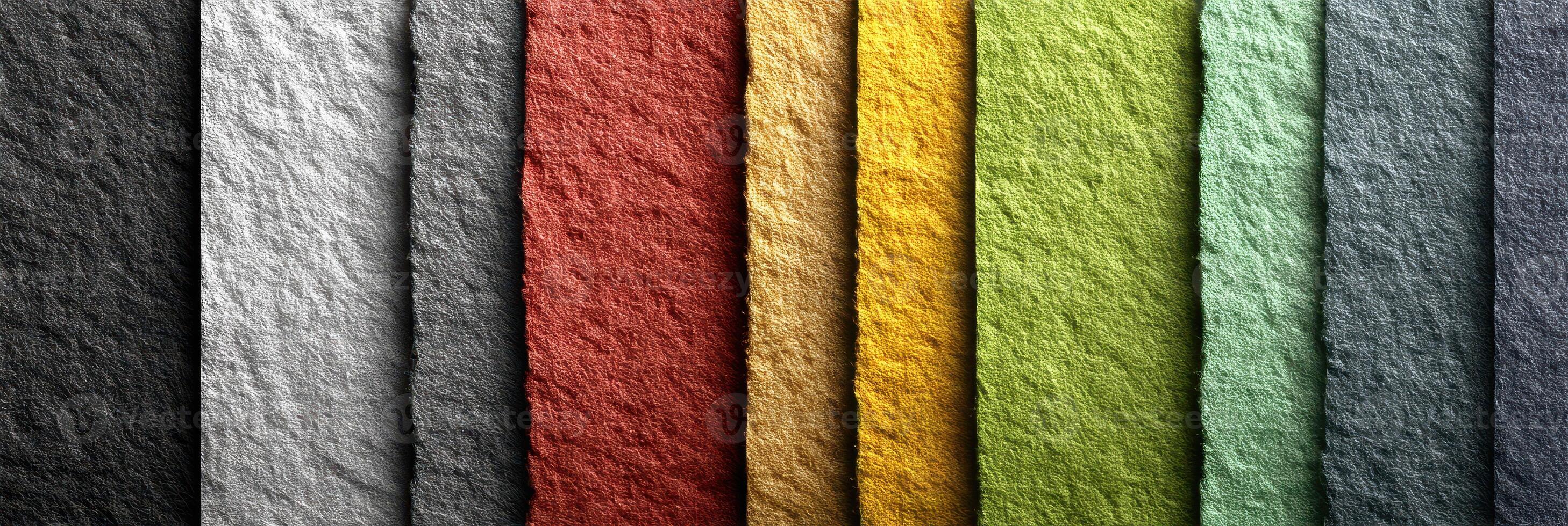 Colorful textured paper arranged in vertical strips showcasing diverse hues for creative projects photo