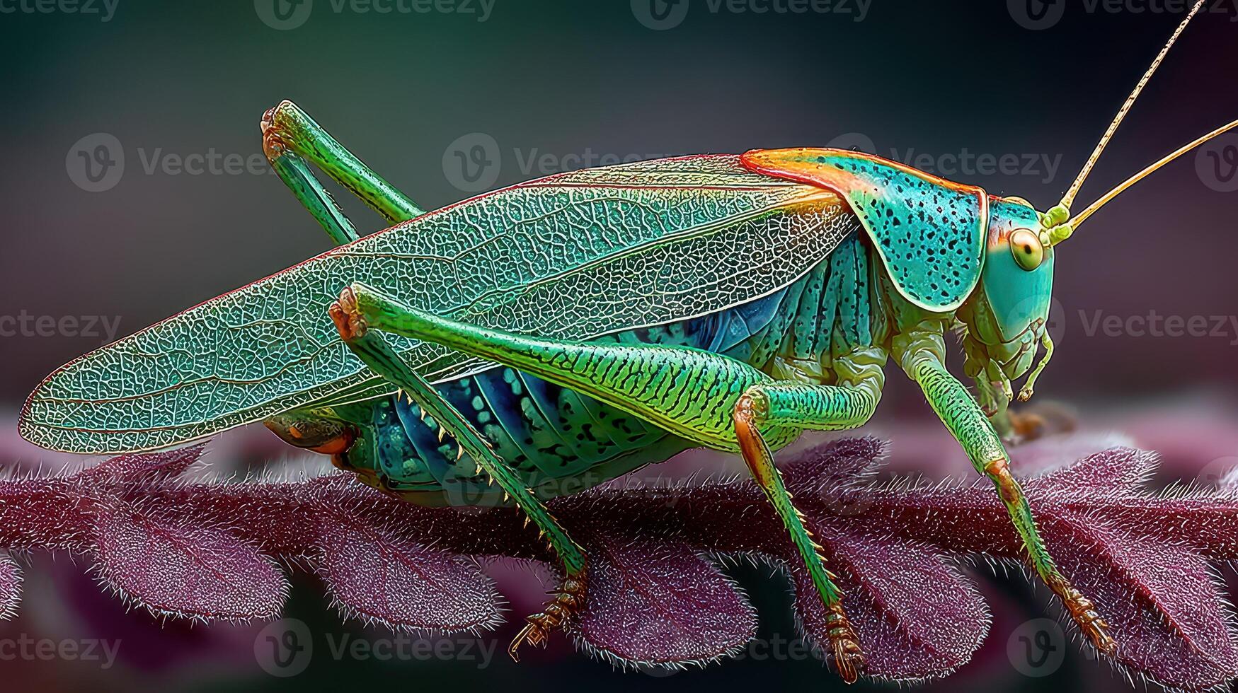 Grasshopper perched on a delicate leaf showcasing its vibrant colors and intricate details in a close-up view photo