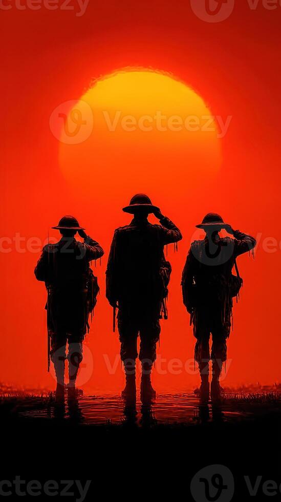 Soldiers salute against a setting sun, honoring memories of bravery and sacrifice in a poignant moment of reflection photo