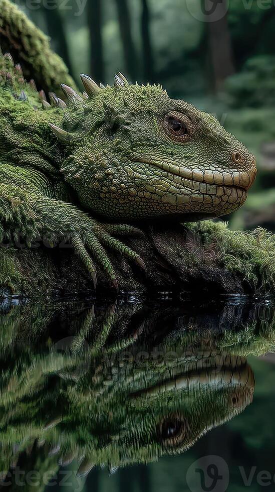Lizard resting by the water's edge in a lush forest under soft sunlight photo