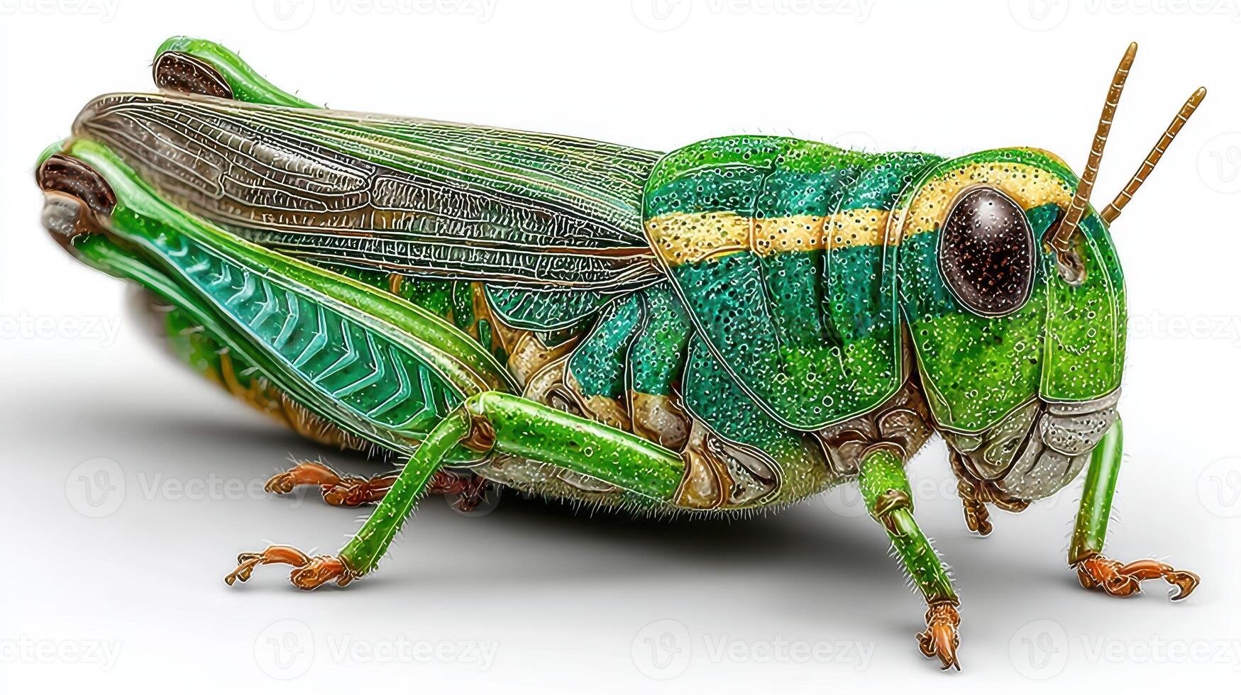 Close-up view of a vibrant green grasshopper showcasing intricate details in a natural setting during daytime photo