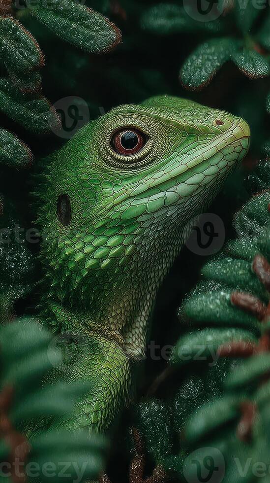Close-up view of a green lizard nestled among lush green leaves in a vibrant forest during daylight hours photo