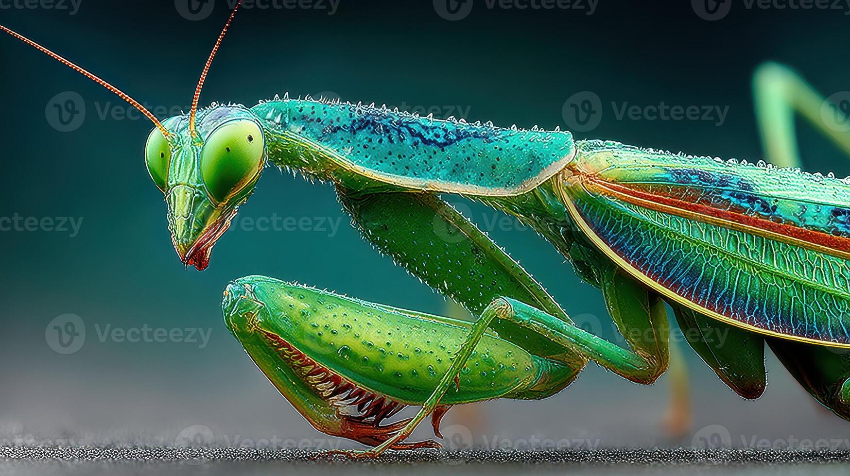 Close-up view of a vibrant green praying mantis in a natural setting revealing intricate details and colors photo