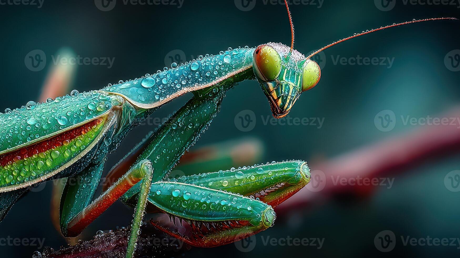 Close-up view of a vibrant green praying mantis on a stem with water droplets in a lush environment photo