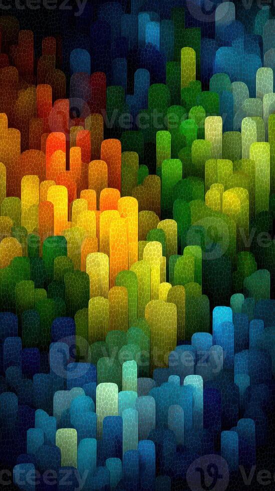 Abstract vibrant landscape featuring layers of colorful geometric shapes set against a dark background photo
