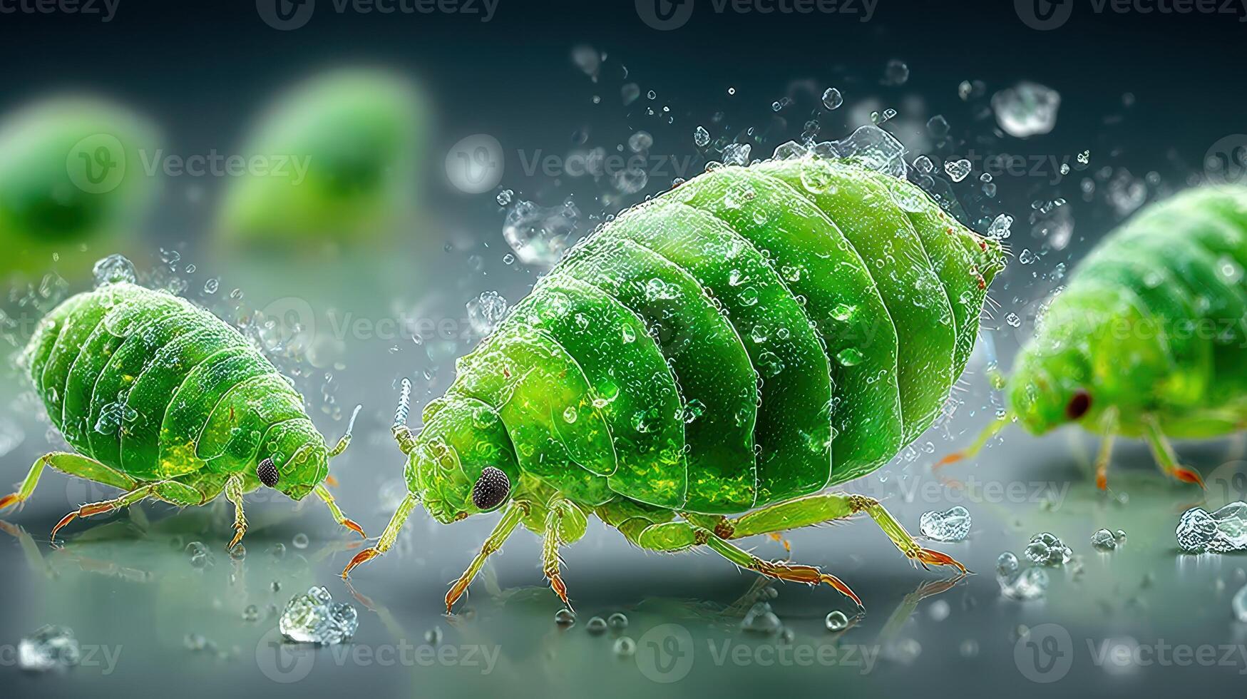 Close-up view of green aphids surrounded by water droplets on a surface during daylight photo