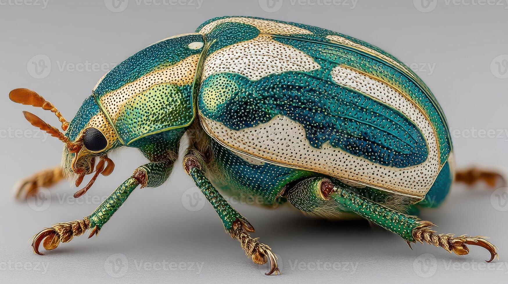 Colorful green beetle resting on a gray surface showcasing intricate patterns and details photo