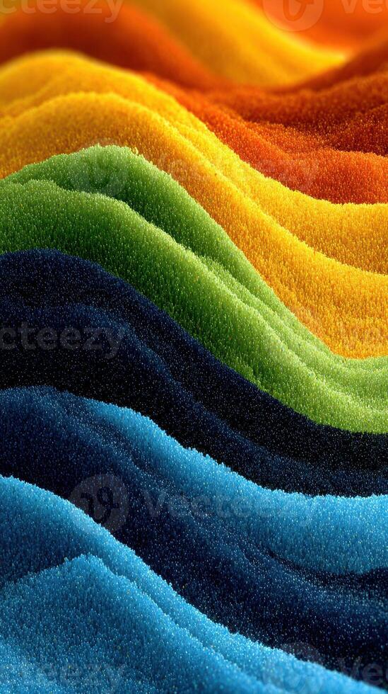 Colorful sand patterns create a wave-like texture in brilliant hues, showcasing nature's beauty through vibrant colors and serene movement photo