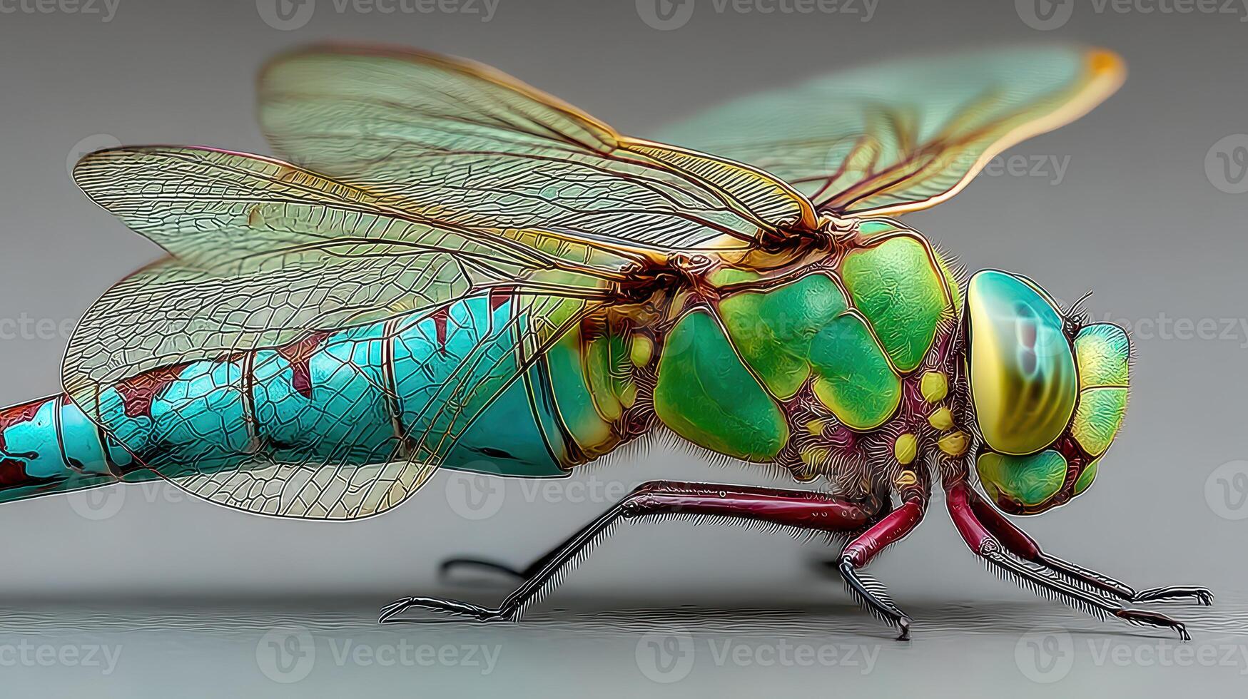 Brightly colored dragonfly exhibits detailed features in macro perspective, showcasing nature's beauty and complexity photo