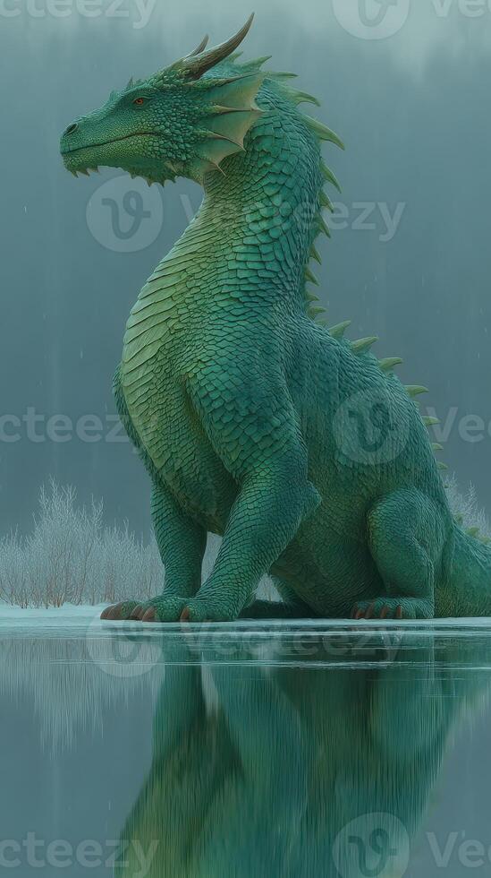 Majestic green dragon resting by a frozen lake in a serene, misty landscape photo