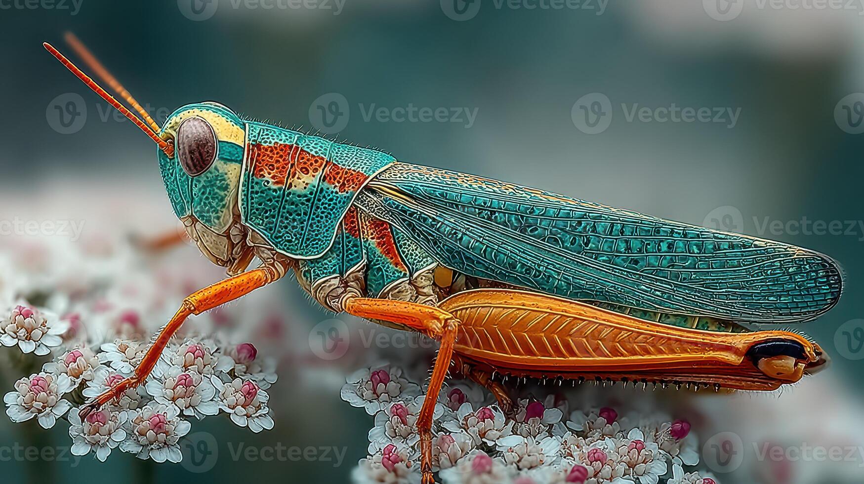 Colorful grasshopper perched on delicate flowers in a serene natural setting during daylight photo