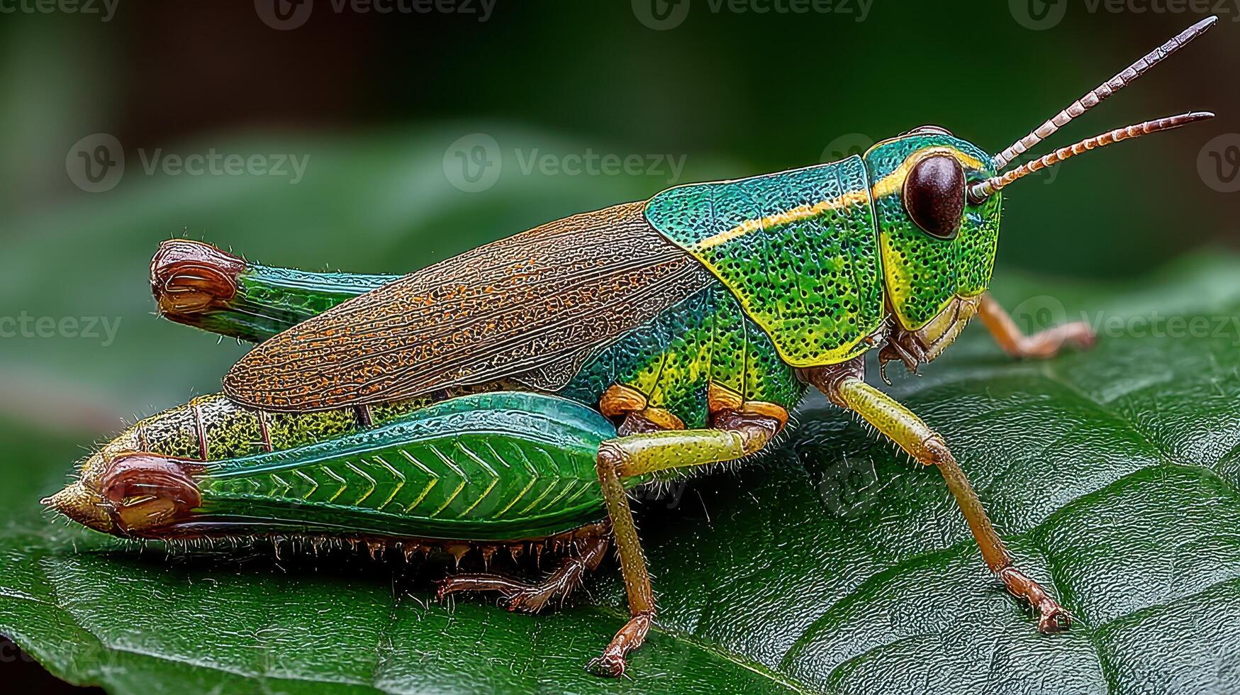 Colorful grasshopper resting on green leaf in natural habitat during daylight hours photo