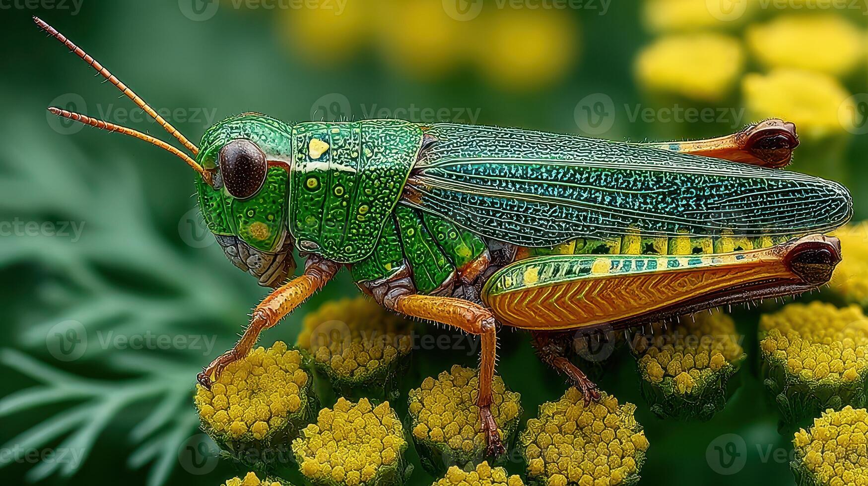 Colorful grasshopper resting on vibrant yellow flowers during a sunny afternoon in a garden setting photo